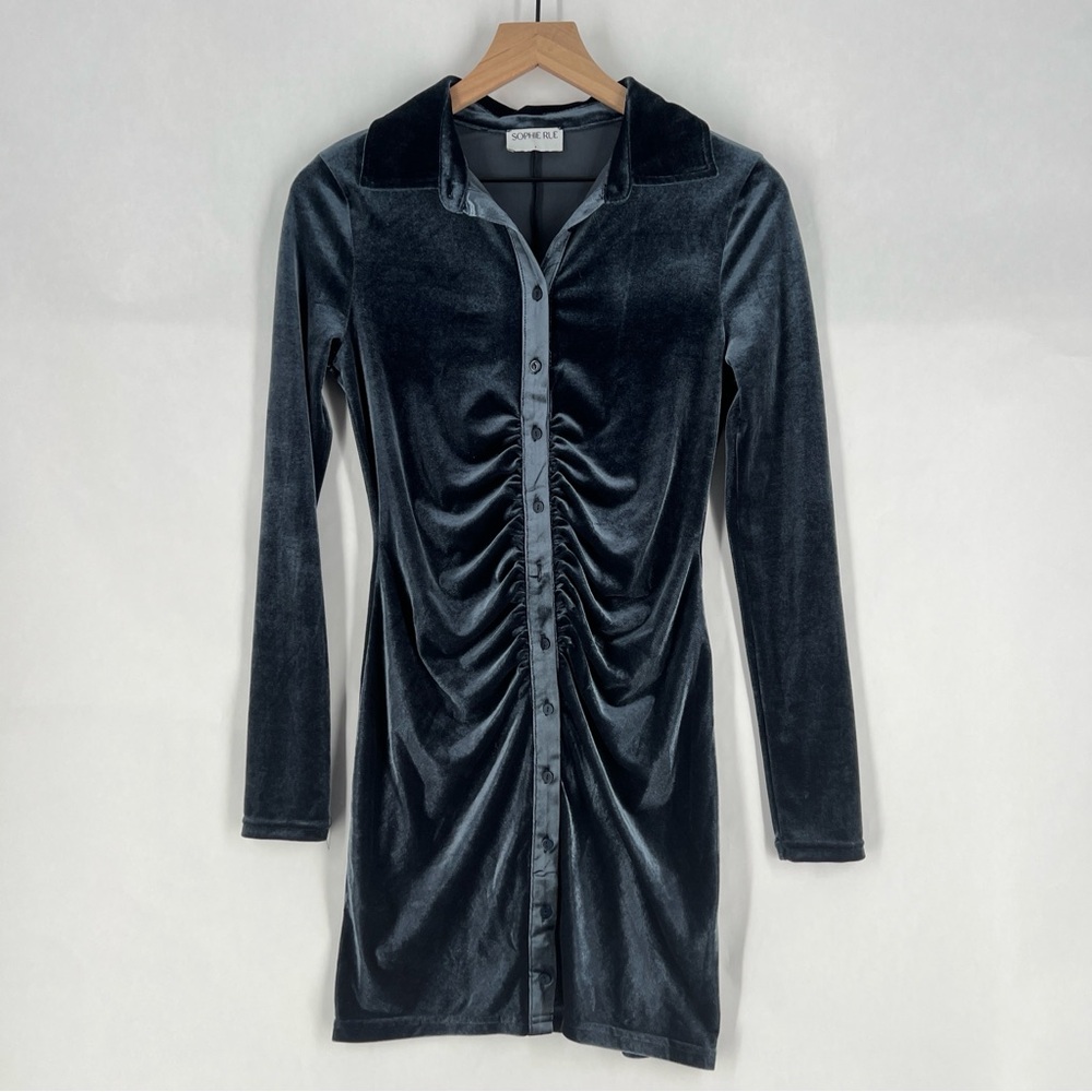 Sophie Rue Blue Velvet Gathered Ruched Long Sleeve Button Front Dress Size S